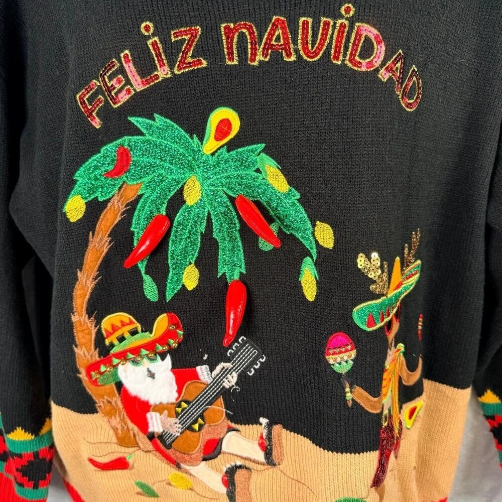Feliz Navidad Ugly‎ Christmas Sweater 1X Embroidered Santa Reindeer Hot Peppers